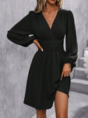 Chic Knee-Length Wrap Dress with Stylish Puff Sleeves