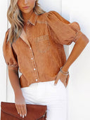 Women's Denim Blouse with Balloon Sleeves & Chest Pocket