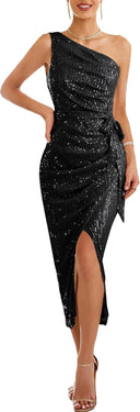 Women’s Asymmetrical Evening Gown with Sequin Detail and High Slit