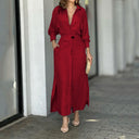 Women's Linen Maxi Dress with Button Placket and Side Slits