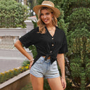 Women’s Knot Blouse with Short Sleeves & Buttons