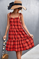 Women's Checkered Midi Skirt with Adjustable Straps