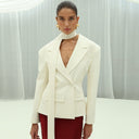 Chic Women's Blazer with Asymmetrical Bow and Deep Neckline