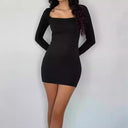Fitted Mini Dress with Square Neckline and Long Sleeves for Women