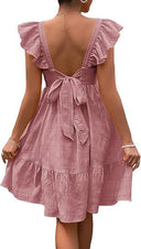 Women’s Cotton Dress with Ruffle Accents and Open Back Design