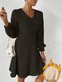 Women's V-Neck Long Sleeve Fleece Dress – Chic & Cozy Style