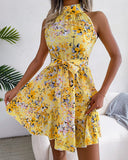 Floral Short Dress with Flared Skirt for Women