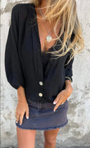 Women's Deep V-Neck Blouse with Button Accents
