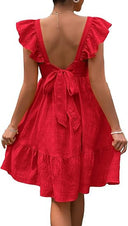 Women’s Cotton Dress with Ruffle Accents and Open Back Design