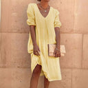 Chic V-Neck Linen Puff Sleeve Dress for Women