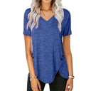 Stylish Women's V-Neck Tee with Asymmetrical Hem & Button Accents
