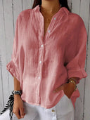 Pure Linen Women's Blouse with Button Placket and Wide Sleeves