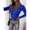 Chic Women's Long Sleeve Bodysuit with Zipper & Button Detail