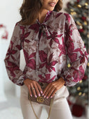 Chic Bow Collar Floral Blouse for Women