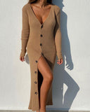 Chic Long Knit Dress with Deep V-Neck & Button Accents
