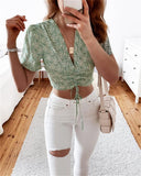 Floral Cropped Blouse with Adjustable Drawstring