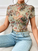 Artistic Print Women's Turtleneck Bodysuit