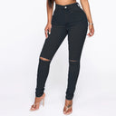 Trendy High-Waist Jeans with Chic Distressed Design