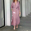 Women's Linen Maxi Dress with Button Placket and Side Slits
