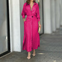 Women's Linen Maxi Dress with Button Placket and Side Slits