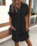 Chic Women's Cotton Blend Shirt Dress with Button Placket & Pockets