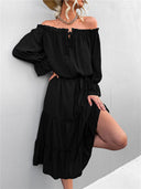 Women's Off-Shoulder Ruffled Dress with Waist Belt