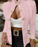 Chic Knit Blazer with Gold Buttons and Stand-Up Collar