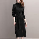 Chic Knitted Dress with Side Slit and Fitted Belt