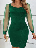 Chic Women's Evening Dress with Sheer Sleeves and Dazzling Accents