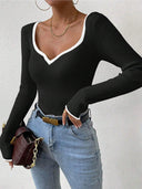 Women's V-Neck Long Sleeve Bodysuit with Stylish Contrast Accents