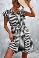 Chic Women's Striped Short Sleeve Dress with Ruffle and Drawstring Detail