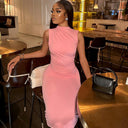 Chic Midi Dress with High Collar and Draped Design
