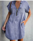 Women's Denim Dress with Pockets and Zipper