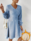 Women's V-Neck Long Sleeve Fleece Dress – Chic & Cozy Style
