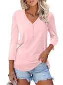 Women's Button Placket V-Neck Long Sleeve Top