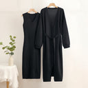 Chic Women's V-Neck Dress and Cardigan Set