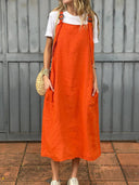 Women’s Linen Dungaree Dress with Side Pockets and Adjustable Straps