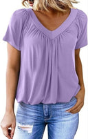 Women’s Airy V-Neck Blouse with Pleats & Short Sleeves