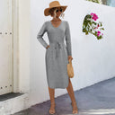 Chic V-Neck Midi Dress with Adjustable Waist Tie