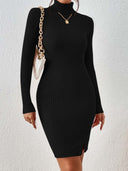 Fitted Ribbed Dress with High Collar & Side Slit