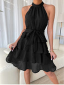 Chic Women's High-Neck Ruffle Dress with Belt