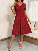 Chic V-Neck Knee-Length Dress with Button Details