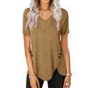 Stylish Women's V-Neck Tee with Asymmetrical Hem & Button Accents