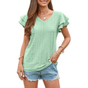 Women's V-Neck T-Shirt with Ruffle Accents and Eyelet Design