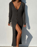 Chic Long Knit Dress with Deep V-Neck & Button Accents