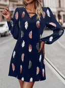 Chic Feather Print Women's Dress with V-Neck Design