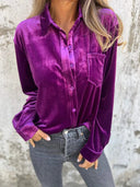 Chic Velvet Blouse with Classic Collar and Long Sleeves