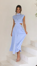 Chic Women's Maxi Dress with Stand-Up Collar and Unique Cut-Out Design