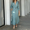 Women's Linen Maxi Dress with Button Placket and Side Slits