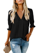 Chic V-Neck Blouse with Ruffled Sleeves and Pleats